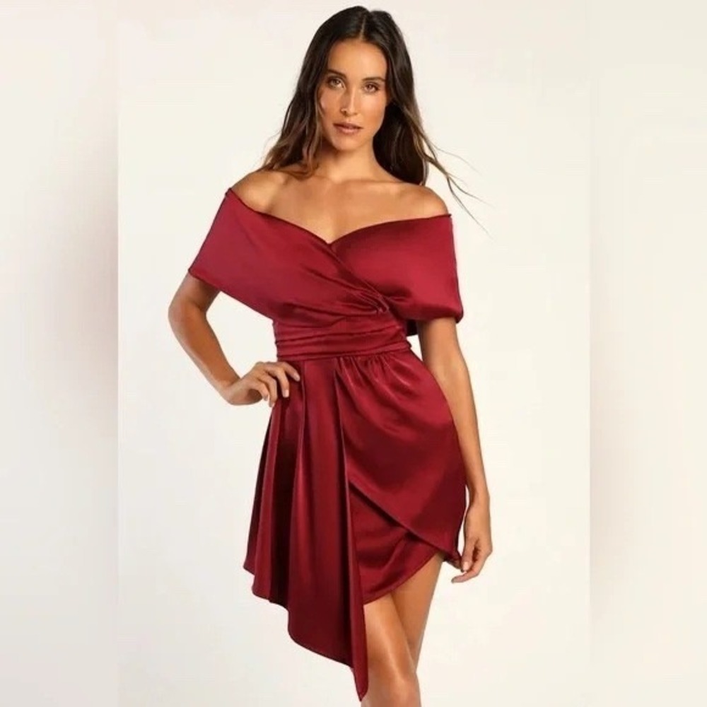 Lulus Always Celebrating Burgundy Satin Off-The-Shoulder Mini Dress Size M